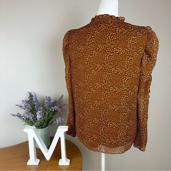 Cece Brown and White Tie Neck Ruffle Long Sleeve Blouse - Size Small EUC - Picture 2 of 7